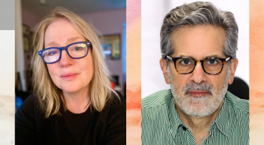 Profile images of the two writers, Kathy Fagan and Jonathan Lethem