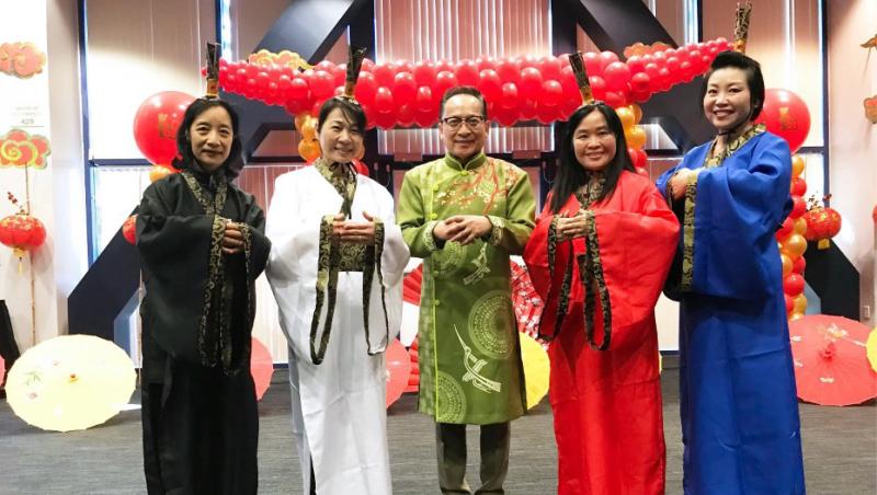 Hu Ying, Jessica Chen, Tri C. Tran, Ruohmei Hsieh and Ying Petersen at the Department of East Asian Studies’ Lunar New Year celebration in 2020