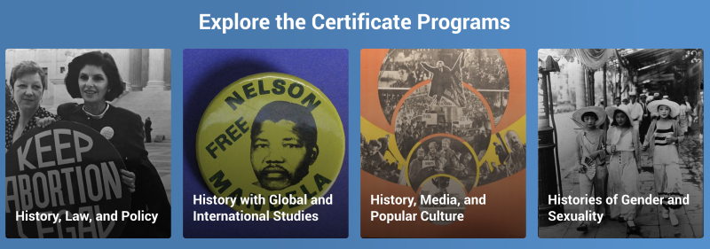 Screenshot of four certificate programs for UCI History