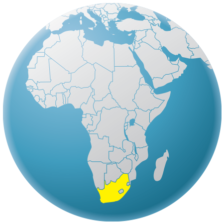 Globe with South Africa highlighted in yellow