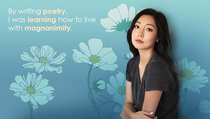 A girl with a blue floral background