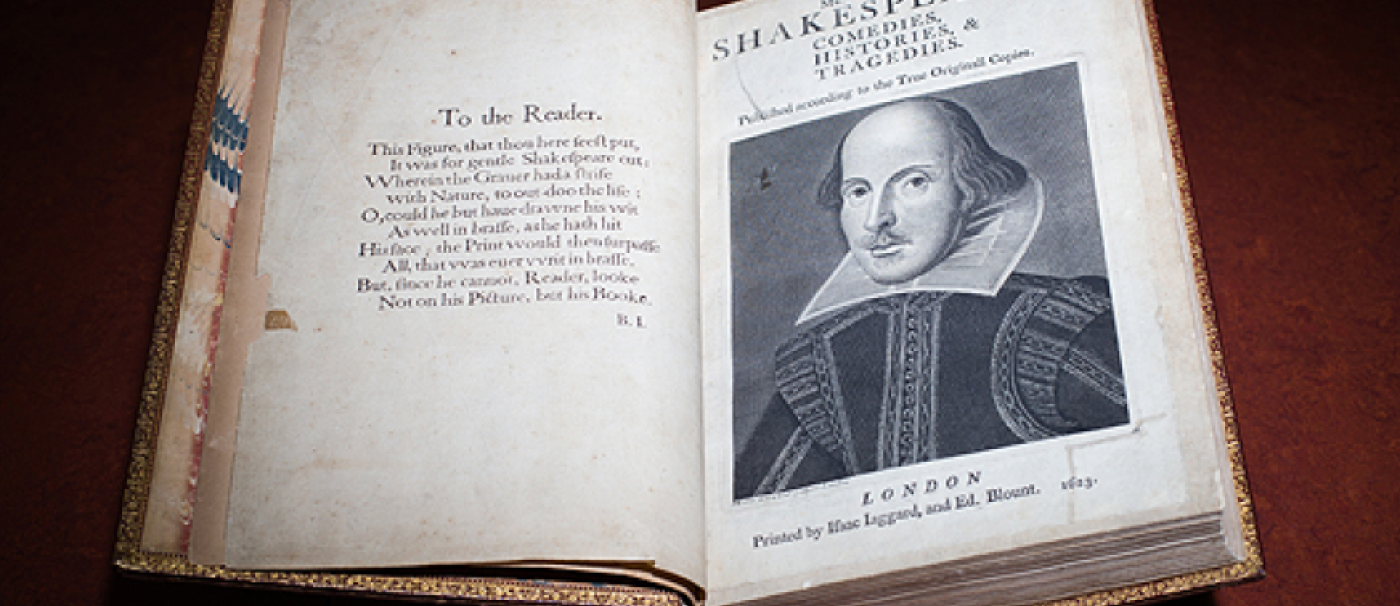 book open with Shakespeare's face on the right page