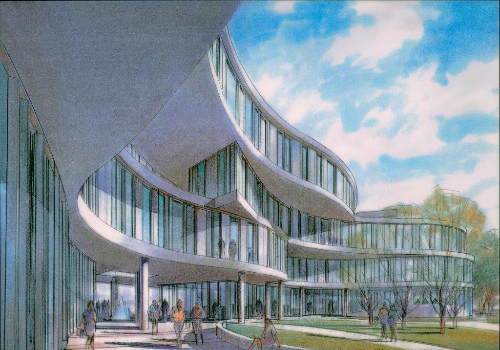 A rendering of Humanities Gateway building, a gray structure with wave-like architecture