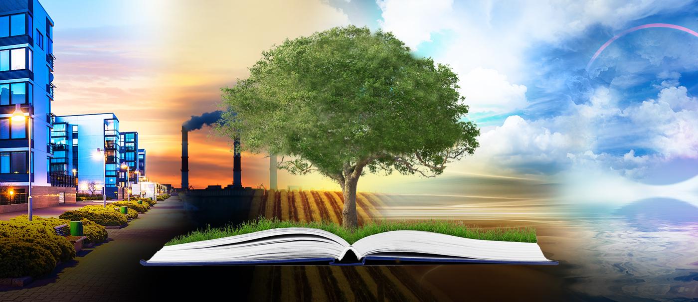 A spectrum going from urban landscape to farm land to ocean. A book with a huge tree growing from its middle is in the foreground. The words "Environmental Humanities" are at the bottom