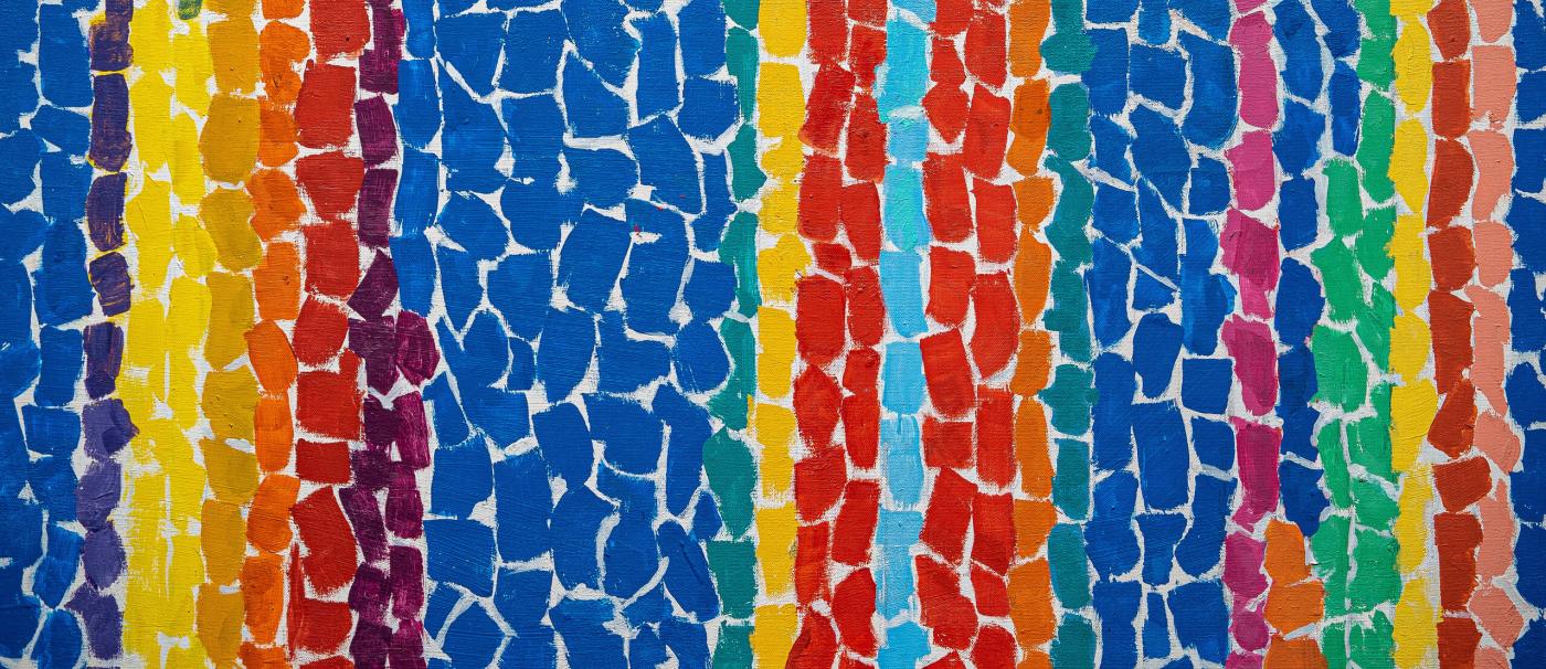 Marbled alternating columns of the colors blue, yellow, red, with some green