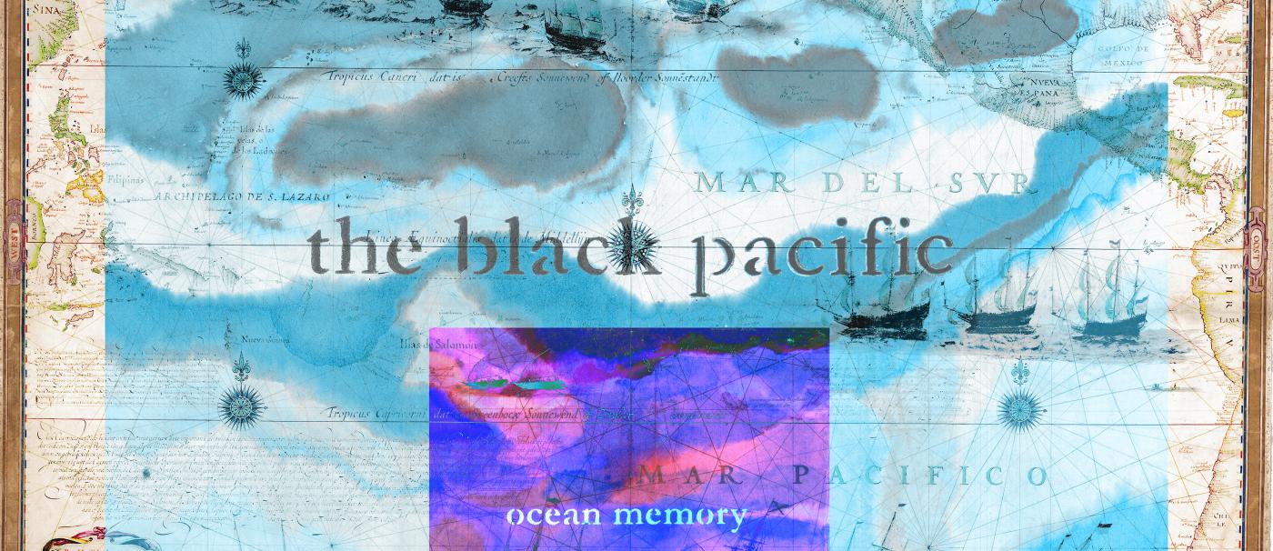 Artist's rendering of map of pacific ocean for Black Pacific exhibition