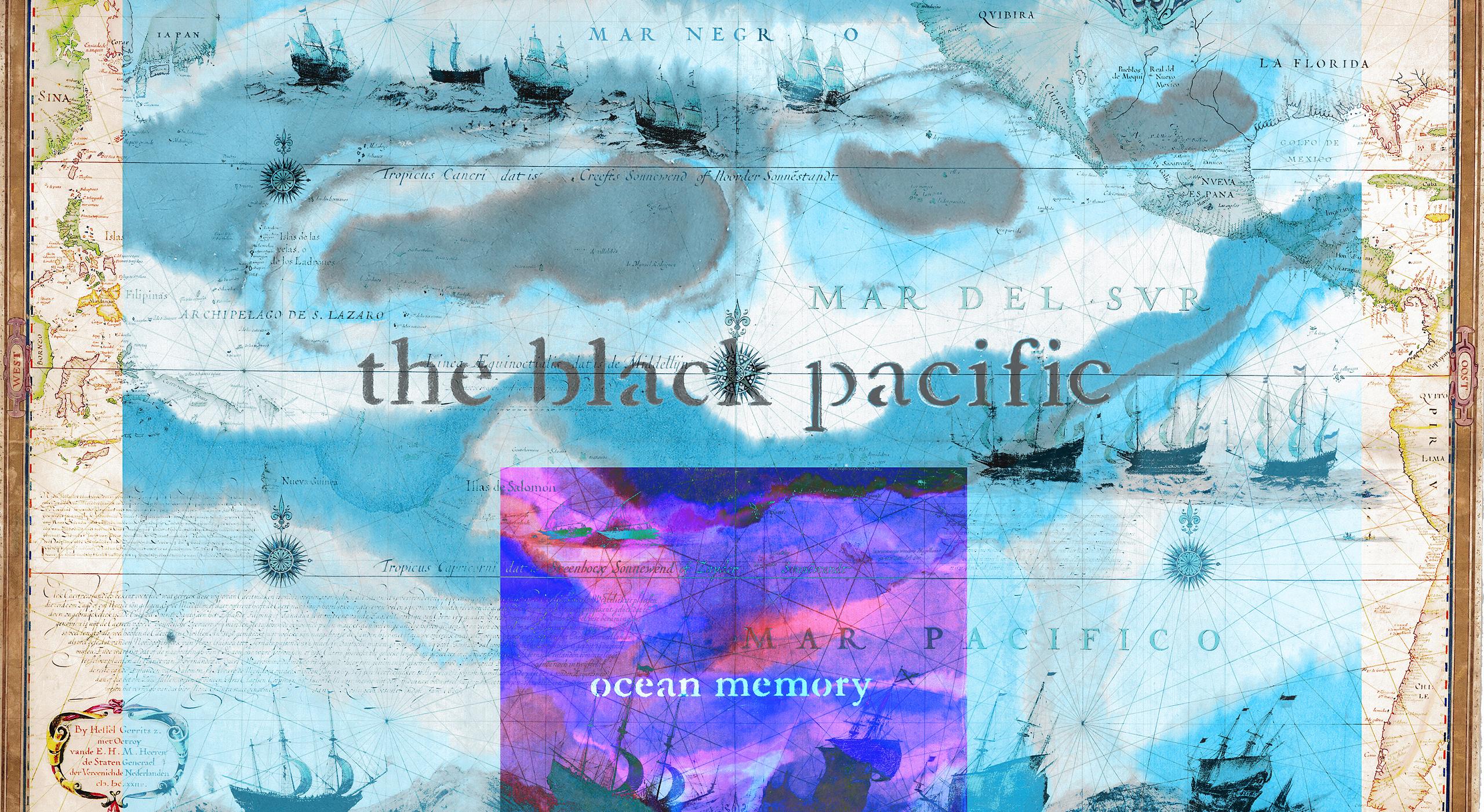 Artist's rendering of map of pacific ocean for Black Pacific exhibition