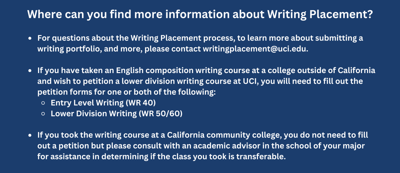 Where can you find more information about Writing Placement?  For questions about the Writing Placement process, to learn more about submitting a writing portfolio, and more, please contact writingplacement@uci.edu.  
