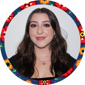 A headshot of Chelsea Salinas with Hispanic Heritage Month colors around it.