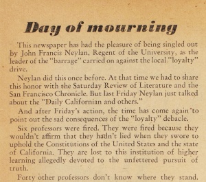 Daily California newspaper clipping with section title "Day of mourning"