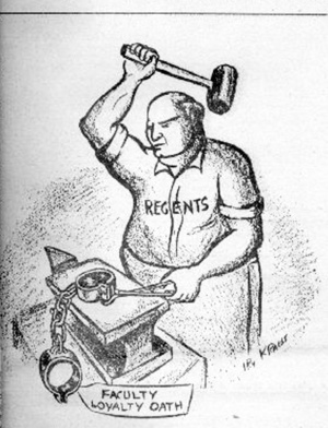 Cartoon drawing of a man with the label "Regents" creating handcuffs