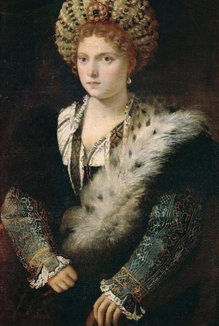 Photograph of Renaissance woman staring at viewer.