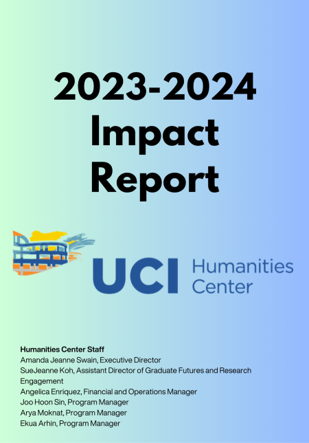 gradient green blue background with UCI humanities center logo; text "2023-2024 impact report" with staff names listed.