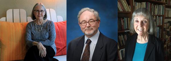 photos of three people, a woman seated on a sofa, a man in a suit and a woman seated in front of a bookshelf