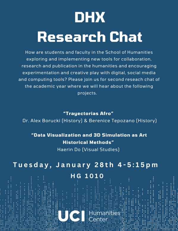 flyer with blue background, with information on january DHX research chat