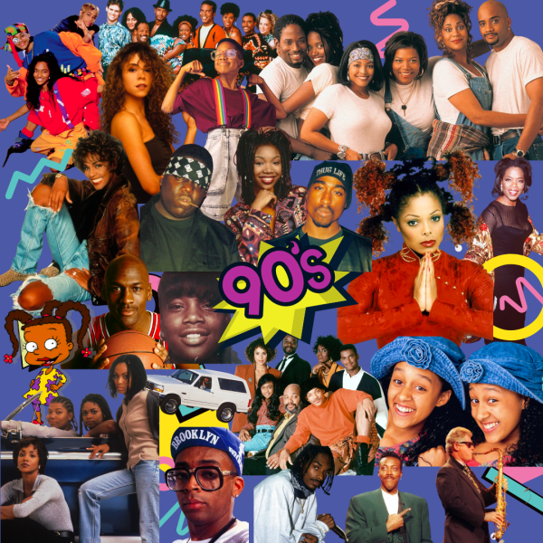 Collage of different Black pop culture figures in the 1990s