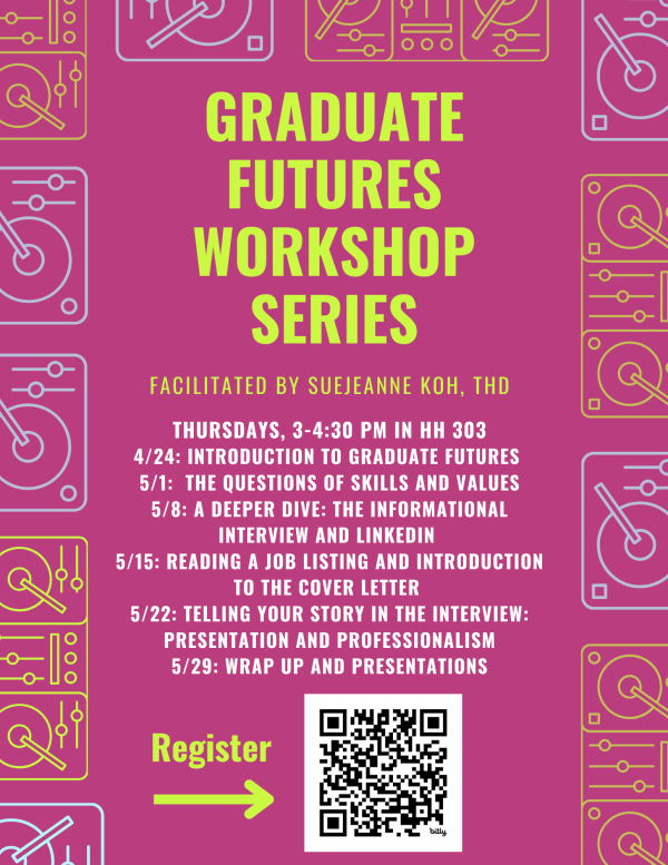 flyer with pink background and music mixer images; text related to graduate futures workshop series