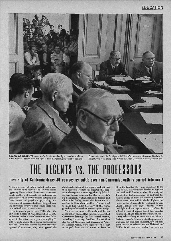 Newspaper clipping from Life Magazine with title "The Regents vs. The Professors"