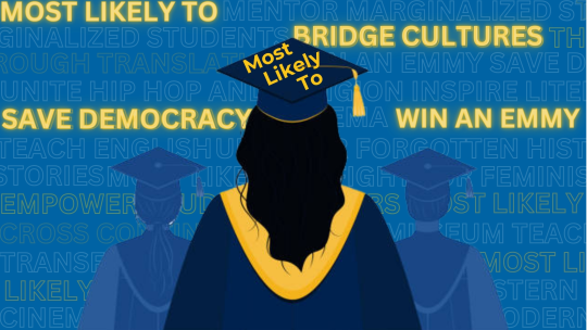 An edited graphic of a person in their cap and gown with text in the background which says all of the superlatives.