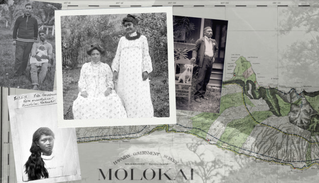 A collage of images from Adria L. Imada's book "An Archive of Skin, An Archive of Kin: Disability and Life-Making During Medical Incarceration" and a map of Molokai.