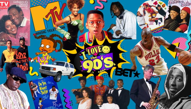 A collage of images from 90's black popular culture.