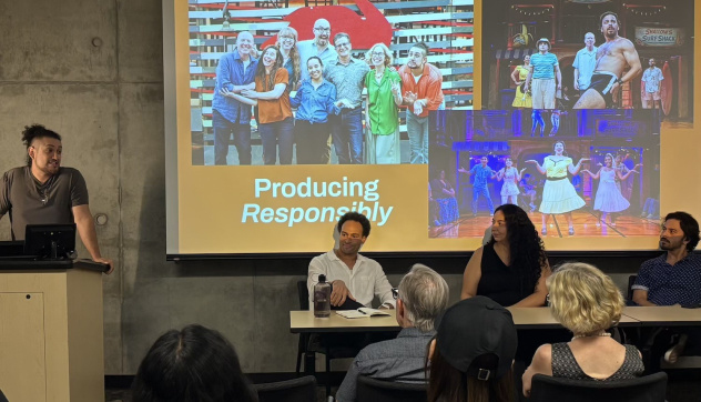 Jesus Lopez Vargas introduces Kyle Grady, Alejandra Villanueva, and Heriberto Cruz Jr. at New Swan's "Shakespeare in Brown Bodies" event.