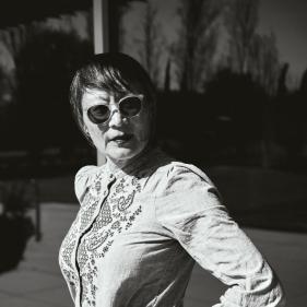 A black and white image of Catherine Liu