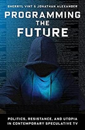 Book cover with a figure wearing a hoodie with the hood covering their face and a wall of tiny text behind them