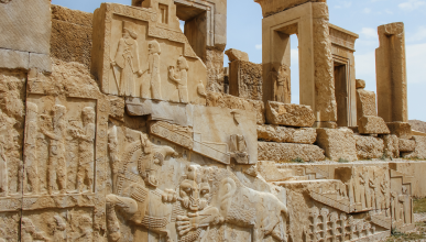 A photo of the interesting scene of the lion devouring the bull on the Apadana palace at Persepolis may symbolize the end of winter and the beginning of spring. 