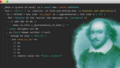 A computer screen with a William Shakespeare poem in code and a hologram of William Shakespeare.