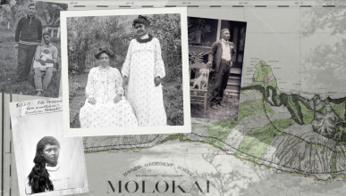 A collage of images from Adria L. Imada's book "An Archive of Skin, An Archive of Kin: Disability and Life-Making During Medical Incarceration" and a map of Molokai.