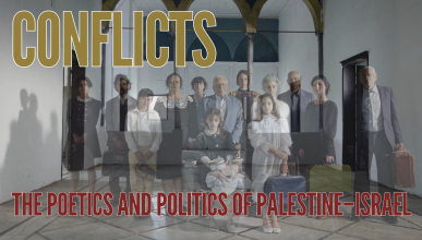 The photo from the cover of Liron Mor's book "Conflicts: The Poetics and Politics of Palestine-Israel" and text on the photo that reads "Conflicts" and "The Poetics and Politics of Palestine-Israel"