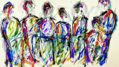six abstract figures painted in a variety of colors
