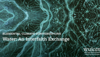 Image of water with the text "Elemental Climate Conversations Water: An Interfaith Exchange"
