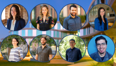 An edited image with Humanities Gateway in the background and new faculty headshots in circles.