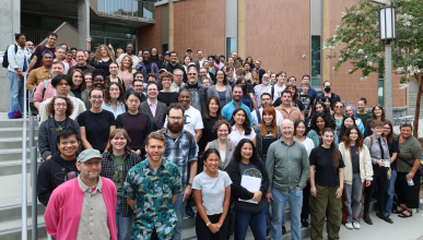 A group photo of all Composition faculty, lectures and Graduate students in front of Anteater Learning Pavilion.