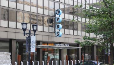 A color photograph of the former PBSOld headquarters in Arlington, VA. 