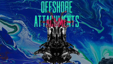 An edited image of  Chelsea Schields book "Offshore Attachments: Oil and Intimacy in the Caribbean" with an image of an oil spill as the background.