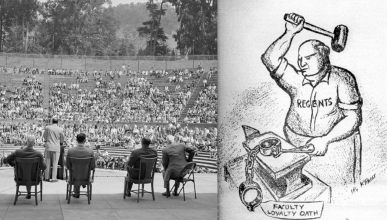 Protest meeting at Greek Theater Berkeley with a newspaper cartoon of a man slamming down a hammer on handcuffs.