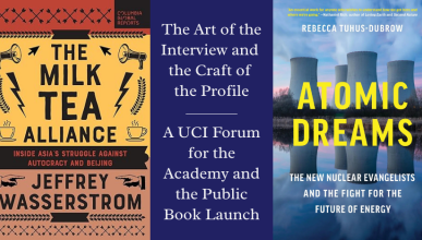 book covers for the milk tea alliance and atomic dreams, and purple banner with text "The Art of the Interview and  the Craft of the Profile: A UCI Forum for the Academy and the Public Book Launch"