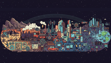 a cartoon graphic that depicts the history of technology.