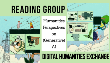 image of people working at computers in cubicles, from "Digital Nomads Beyond the Cubicle" by Yutong Liu & Digit. Text "reading group, humanities perspectives in (generative) AI, digital humanities exchange