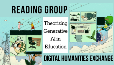 image of people working at computers in cubicles, from "Digital Nomads Beyond the Cubicle" by Yutong Liu & Digit. Text "reading group, humanities perspectives in (generative) AI, digital humanities exchange