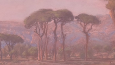 A pink-hued painting of trees