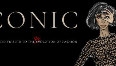 An illustration of a stylish woman in a leopard-print evening gown, next to the word "ICONIC"