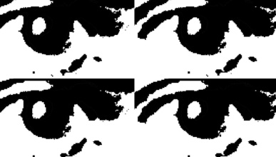 A grid of four black and white close-up images of a human eye