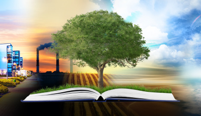 A spectrum going from urban landscape to farm land to ocean. A book with a huge tree growing from its middle is in the foreground. The words "Environmental Humanities" are at the bottom