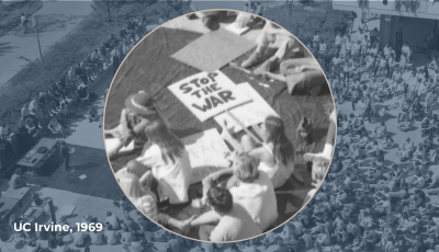 Moratorium taking place on UC Irvine campus in 1969. The image is edited to zoom in to show on of the protesters signs that reads "Stop the war".